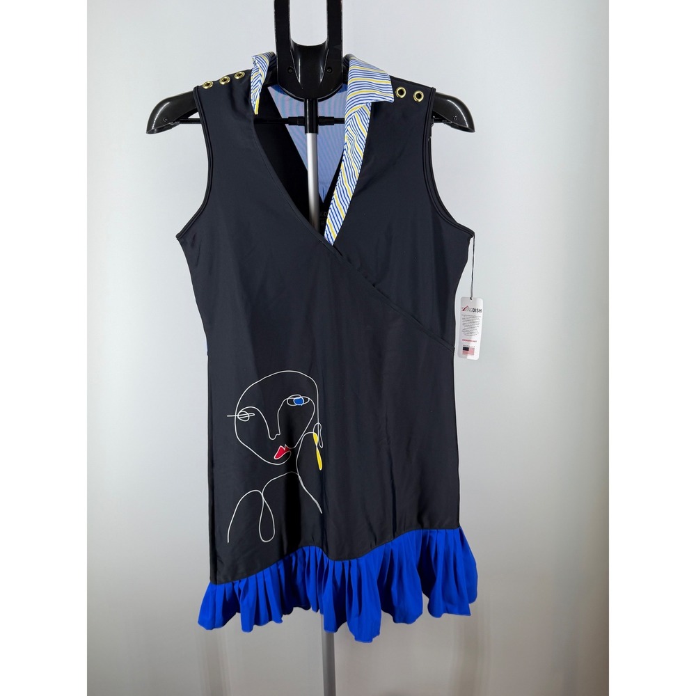 SwingDish Black Golf Dress Sleeveless Face Graphic Blue Ruffle Hem NWT Size M